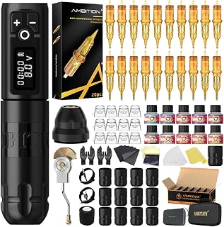 Ambition Soldier Tattoo Machine Kit Complete Rotary Wireless Tattoo Pen Gun Kit with 12pcs 38mm Disposable Silicone Tattoo Grips,40pcs Glory Mixed Size Cartridge Needles