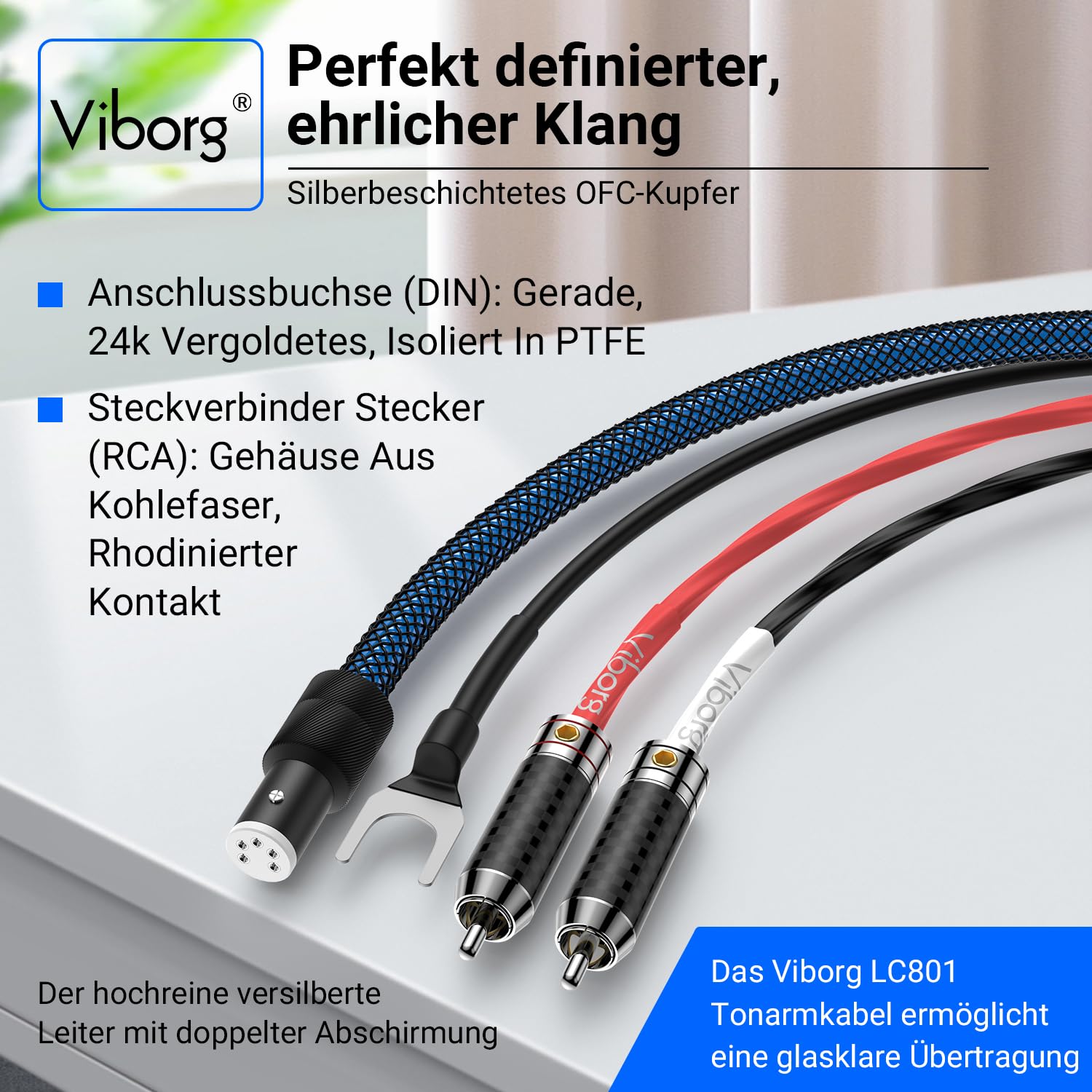 Viborg Cavo fonoculare High End LC800, OFC placcato argento, 2 connettori RCA placcati in rodio, jack su 5 poli, dritti con conduttore di messa a terra separato, per giradischi