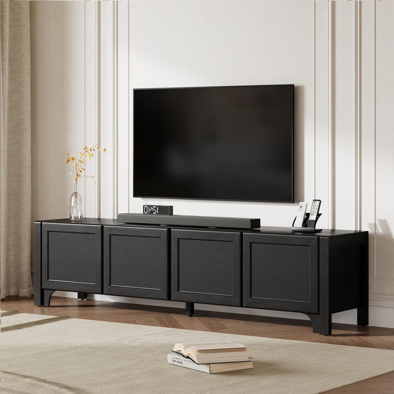 70" Modern TV Stands for 65 70 Inches TV, Black Media Console for Living Room, Leather-Wrapped Door Panels TV Entertainment Center with Cabinet Storage, Wood Television Cabinet for Bedroom