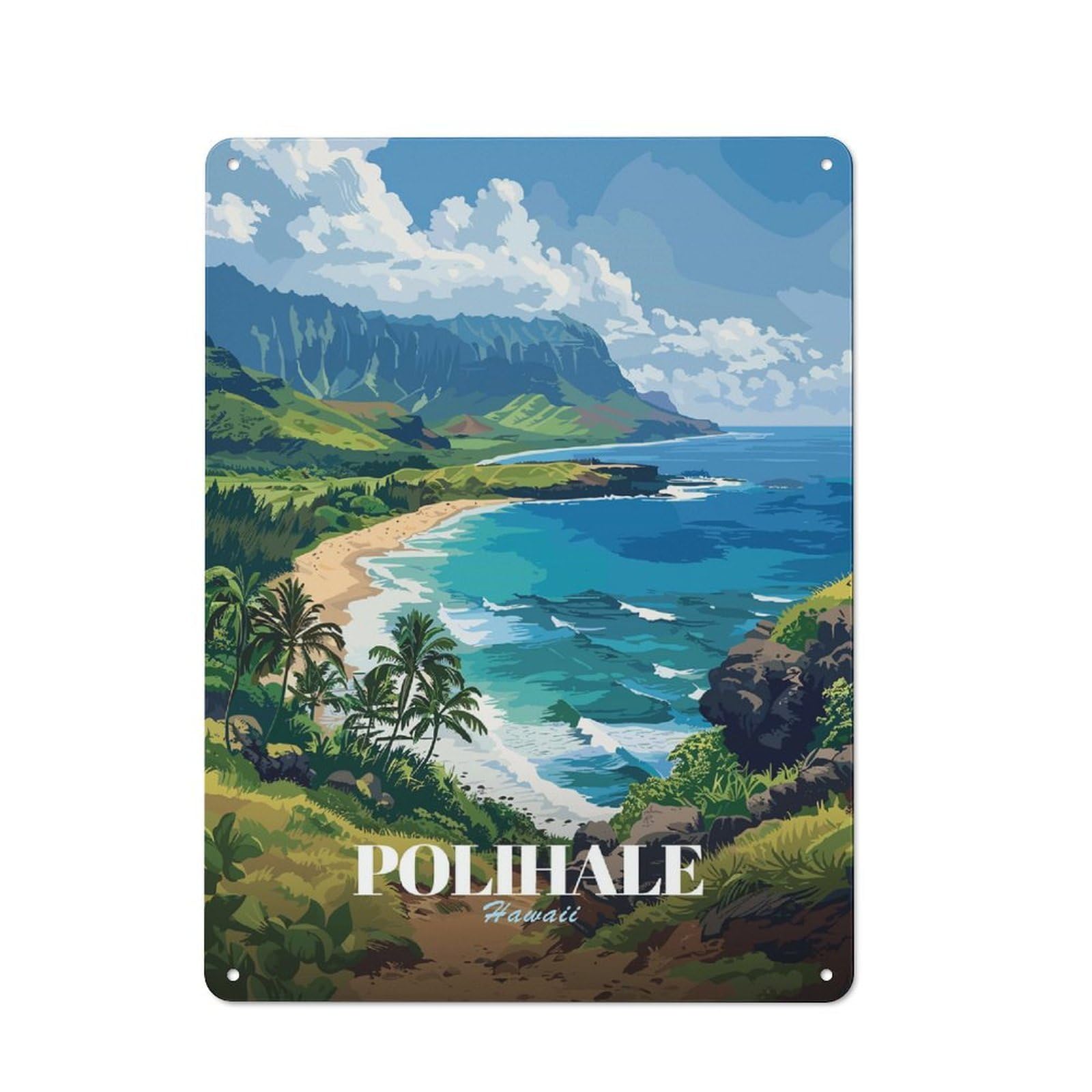 Junmoney Style-10 Tin Wall Plaque 40X30cm With Polihale, Hawaii Scenic Landscape Illustration For Hallway Wall, Suited To Wall Displays In Hallways And Entrance Areas