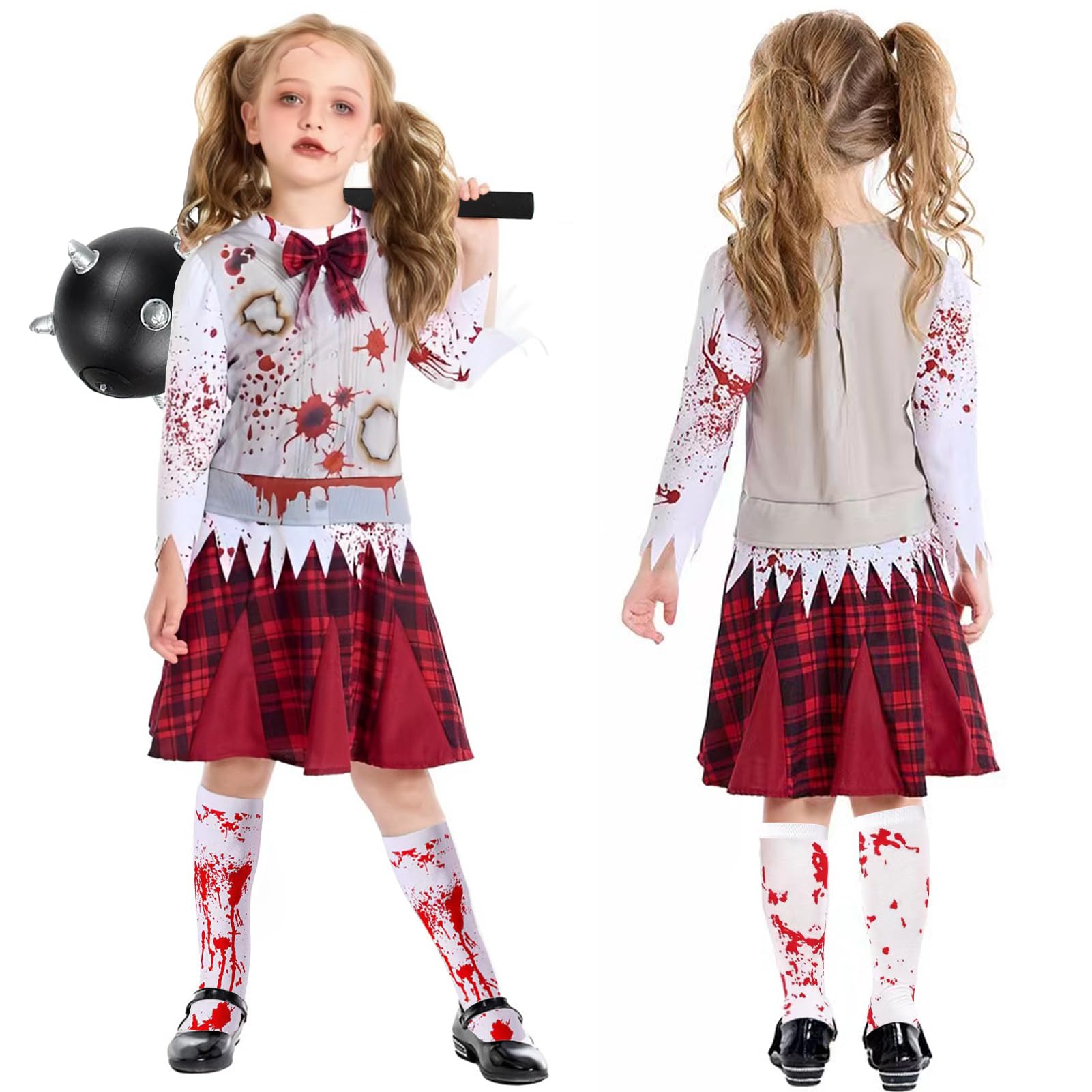 Disfraz de Zombie para Niños con Calcetines de Zombie y Martillo Meteoro,Disfraz de Halloween de Zombie para Niños Niñas Espeluznante Disfraz de Animadora de Zombie Sangriento Fiesta de Terror Niña