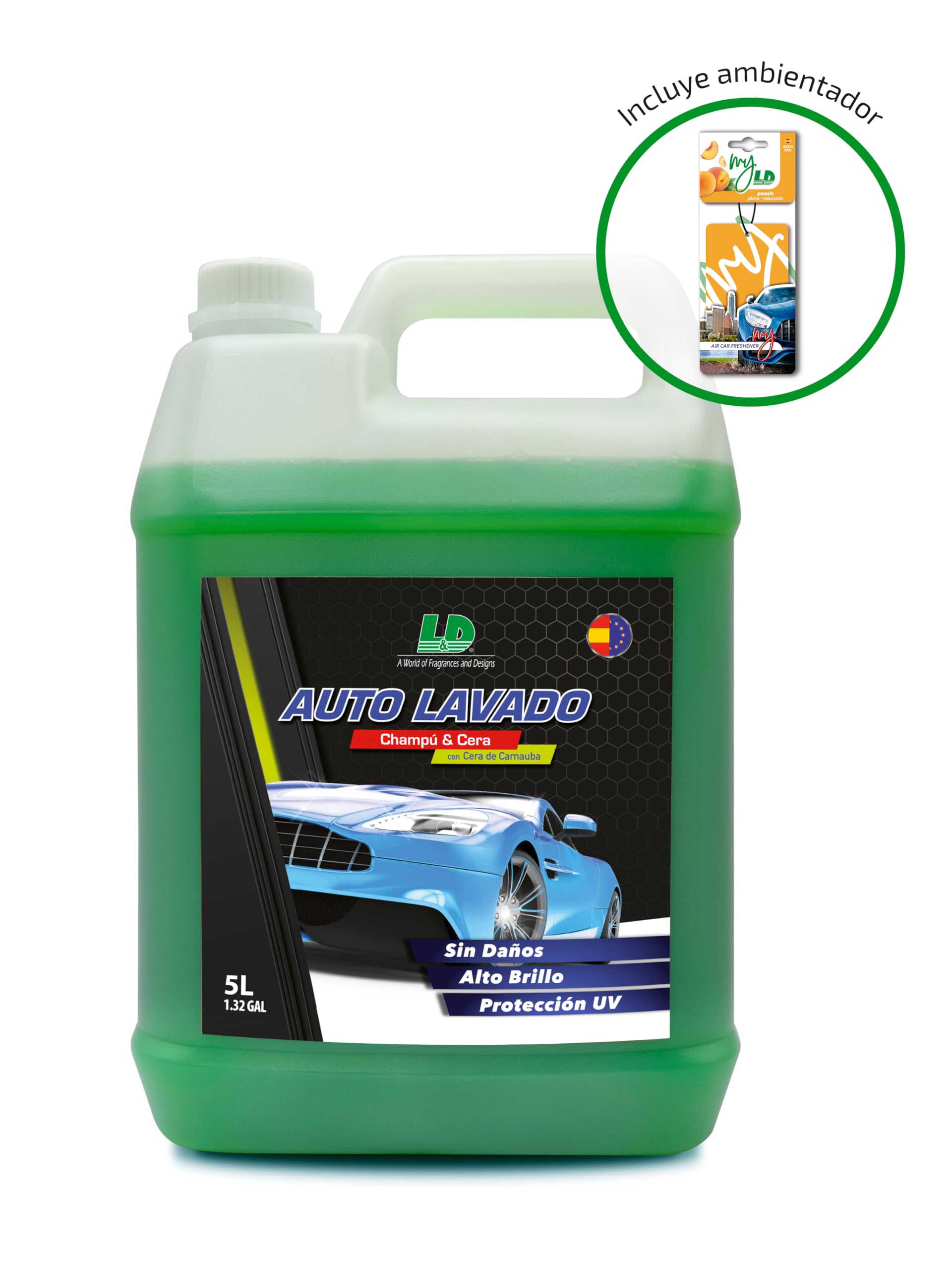 Car Care Auto Lavado - Champú con cera de Carnauba para coche. Garrafa 5L + un ambientador