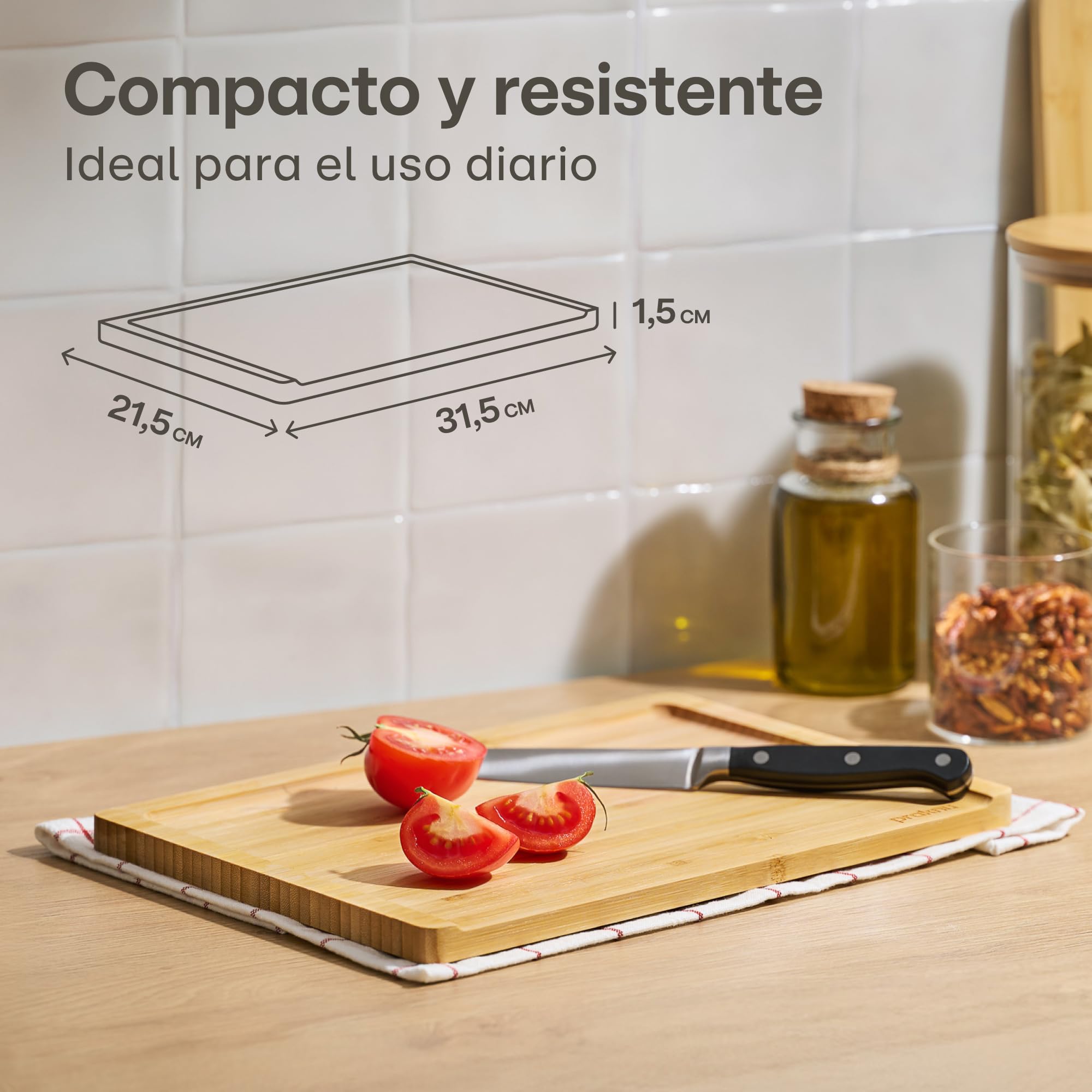 Praknu Tabla de Cortar Cocina Madera Bambú - Compacta 31,5 X 21,5 Cm - Con Ranura Para Jugo y Reversible - Bambú FSC® Para Verduras, Carne y Servir - Ahorra Espacio y Práctica
