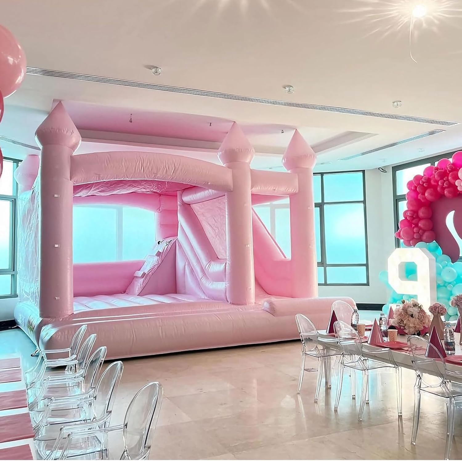 Pink Inflatable Bounce House with Slide Inflatable Bouncy Castle with Air Blower Bounce House Castle for Kids Birthday Wedding Party Photography