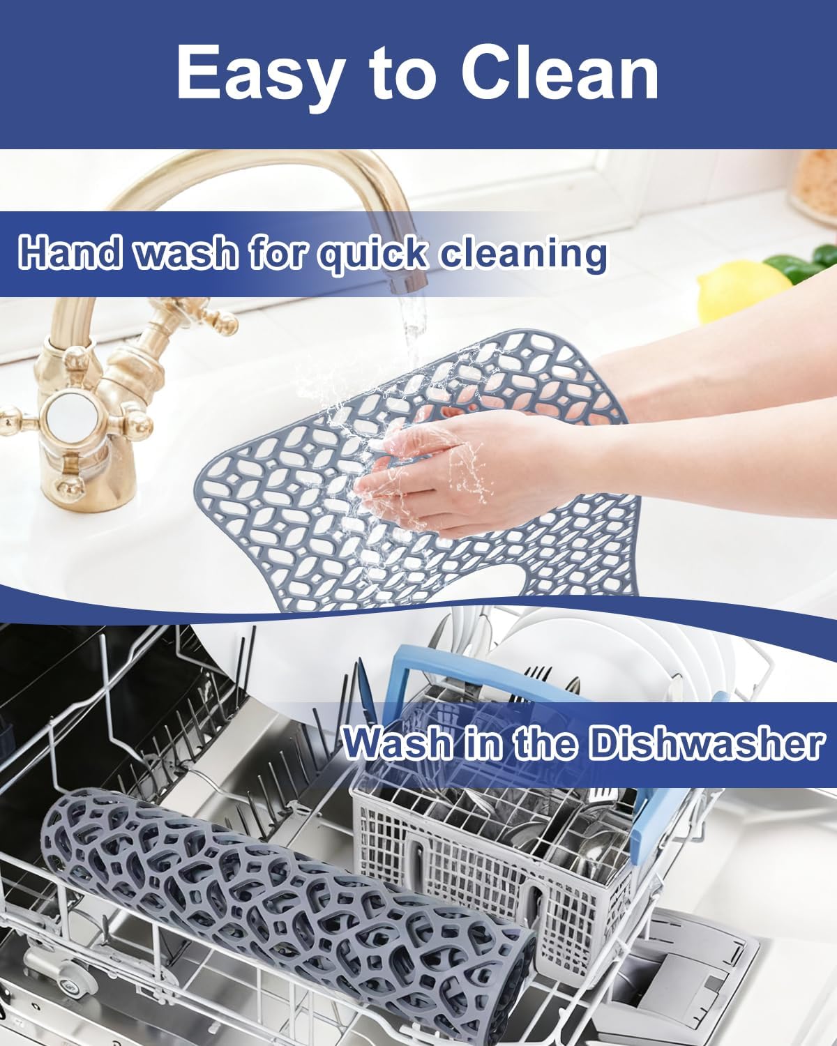Silicone Sink Protectors for Kitchen Sink, 24.8"x12.9" Kitchen Sink Grid Accessory, Heat-Resistant, Non-Slip Silicone Grid Mat for Bottom of Stainless Steel & Farmhouse Sinks, Center Drain (Gray)