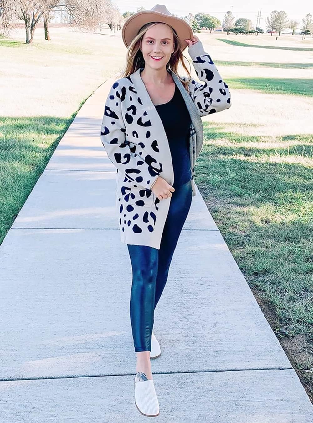BTFBM Women Chic Leopard Print Cozy Sweater Pockets Button Down Open Front Loose Knitted Long Cardigan with Sleeves