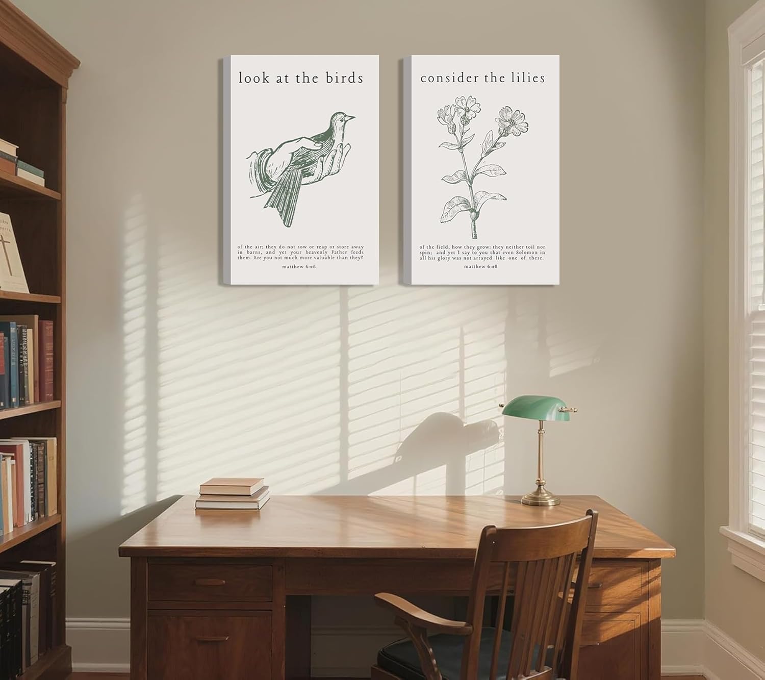 2Pcs Christian Bible Wall Art Religious Psalm Verse Painting Picture Wall Decor Matthew Green Plant Posters Print Artwork for Church Living Room Home Decoration 12x16in Framed