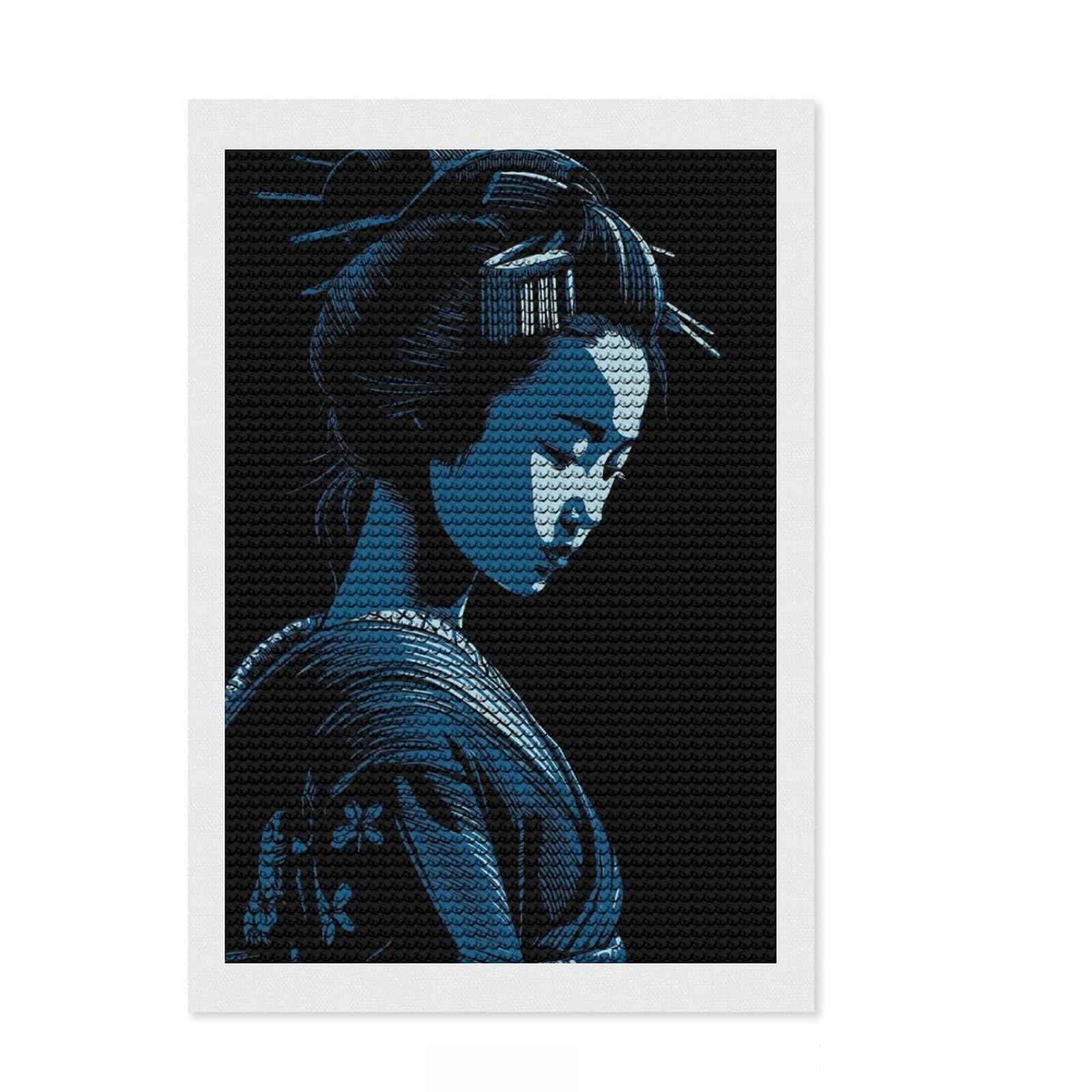 Junmoney Blue Geisha Portrait Full Drill Diamond Painting Kit 8"x12", Neat Printed Canvas, Sparkling Round Gems, Easy Handmade Project