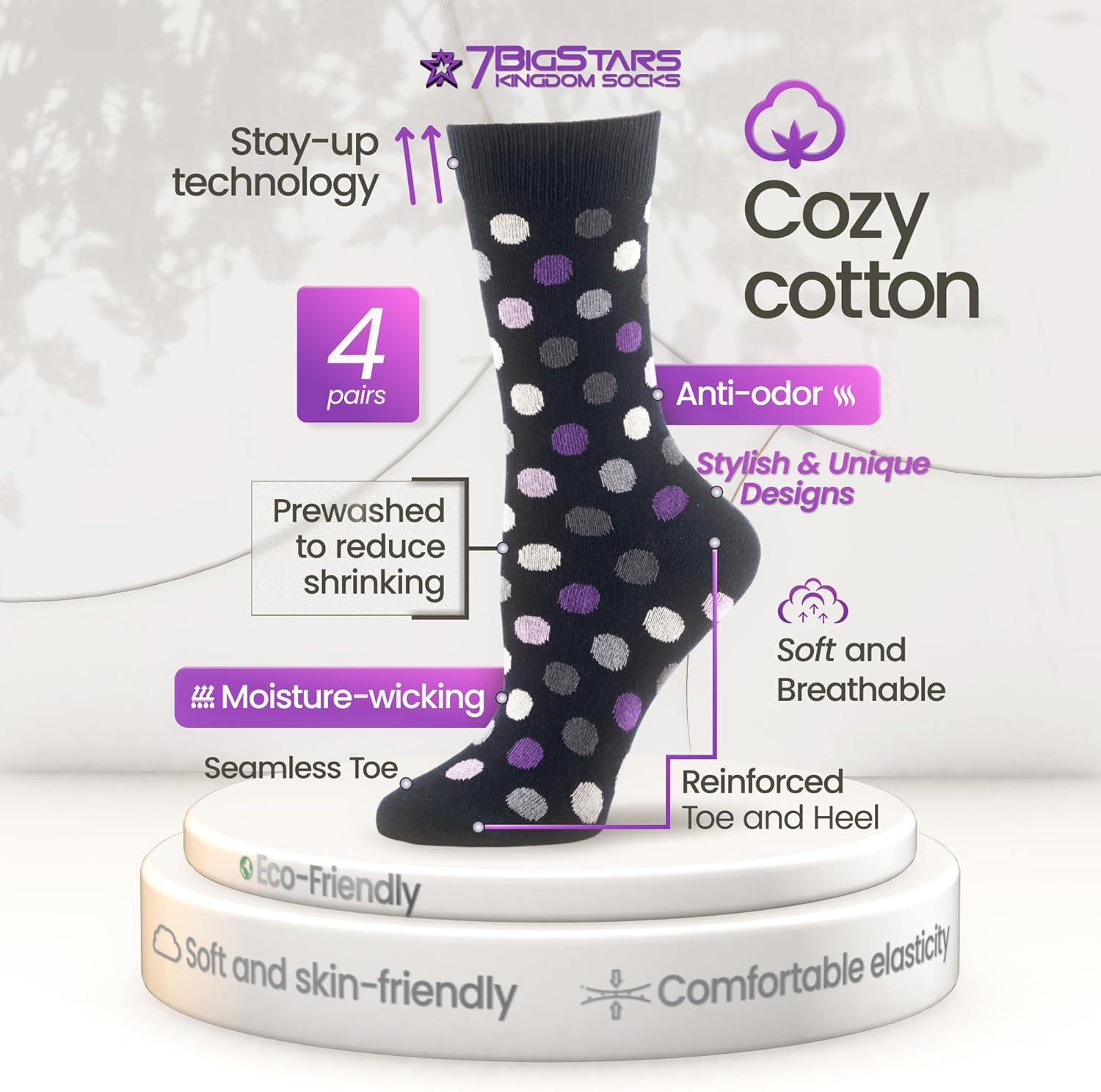 7BigStars Women Crew Socks - Fun Cotton Socks for Women, Colorful and Cute Designs, 4 Pairs Breathable Casual Dress Socks - Image 3