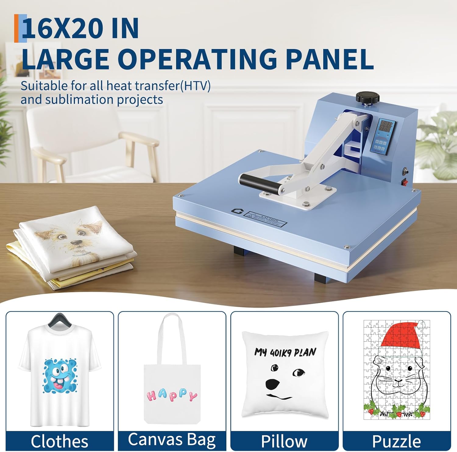 Heat Press 16x20in, Heat Press Machine, Even Heating Technology, Large Operating Panel, Industrial Digital Heat Transfer Machine Sublimation for T-Shirts, Clothes, Canvas Bags, Smog Blue