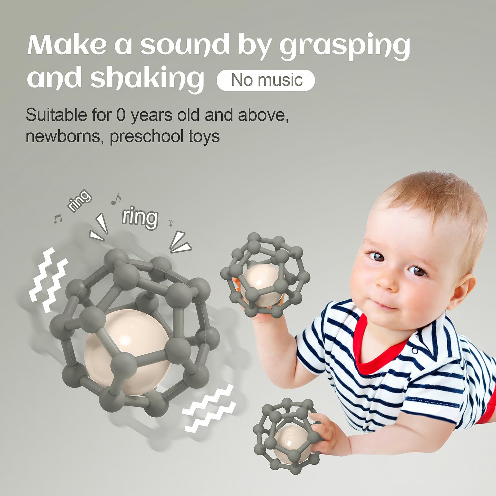MCGMITT Sonajero Mordedor Bebe Silicona, Pelota Sensorial Bebe Agarre Luz y Suave Juguetes para 0 3 6 9 12 Meses Bebes sin BPA, 10cm, Regalos para Recién Nacidos (Gris grisáceo)