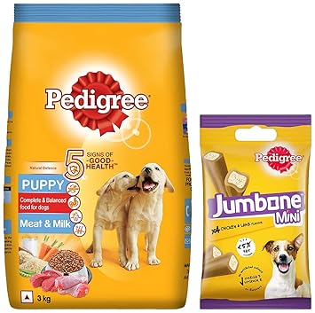 Pedigree Baby Puppy Granule Dry Dog Food, Meat & Milk 3kg & Pedigree Jumbone Mini Adult Dog Treat, Chicken & Lamb - 160 g Pack (4 Treats)