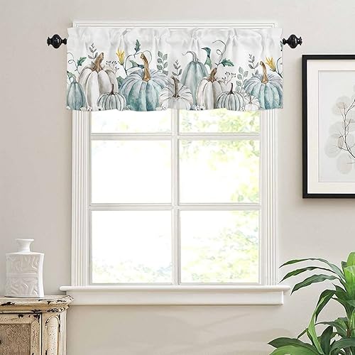 Miniatura 4 de Cenefas de cocina de Acción de Gracias para ventanas de sala de estar, cenefa de calabaza con bolsillo para cortinero, color verde azulado, gris y