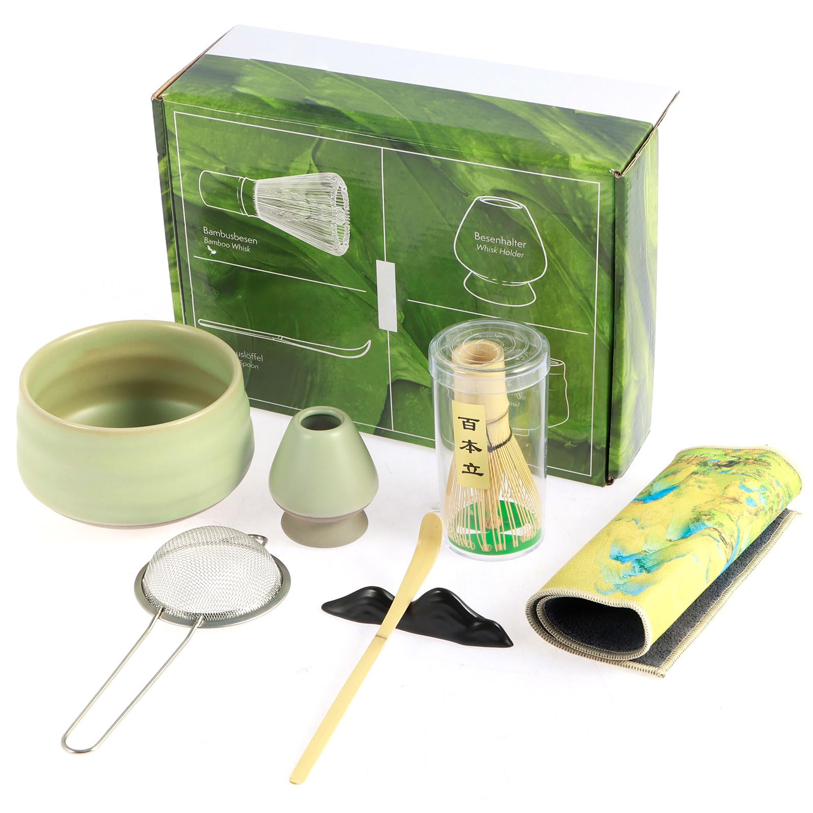 Abizarch 7 Pcs Matcha Tea Set Elegant Matcha Kit Including Whisk Matcha Bowl Scoop and Whisk with Holder Sifter Towel Reusable Matcha Whisk Set Handmade Matcha Kit for Matcha Making(Light Green)