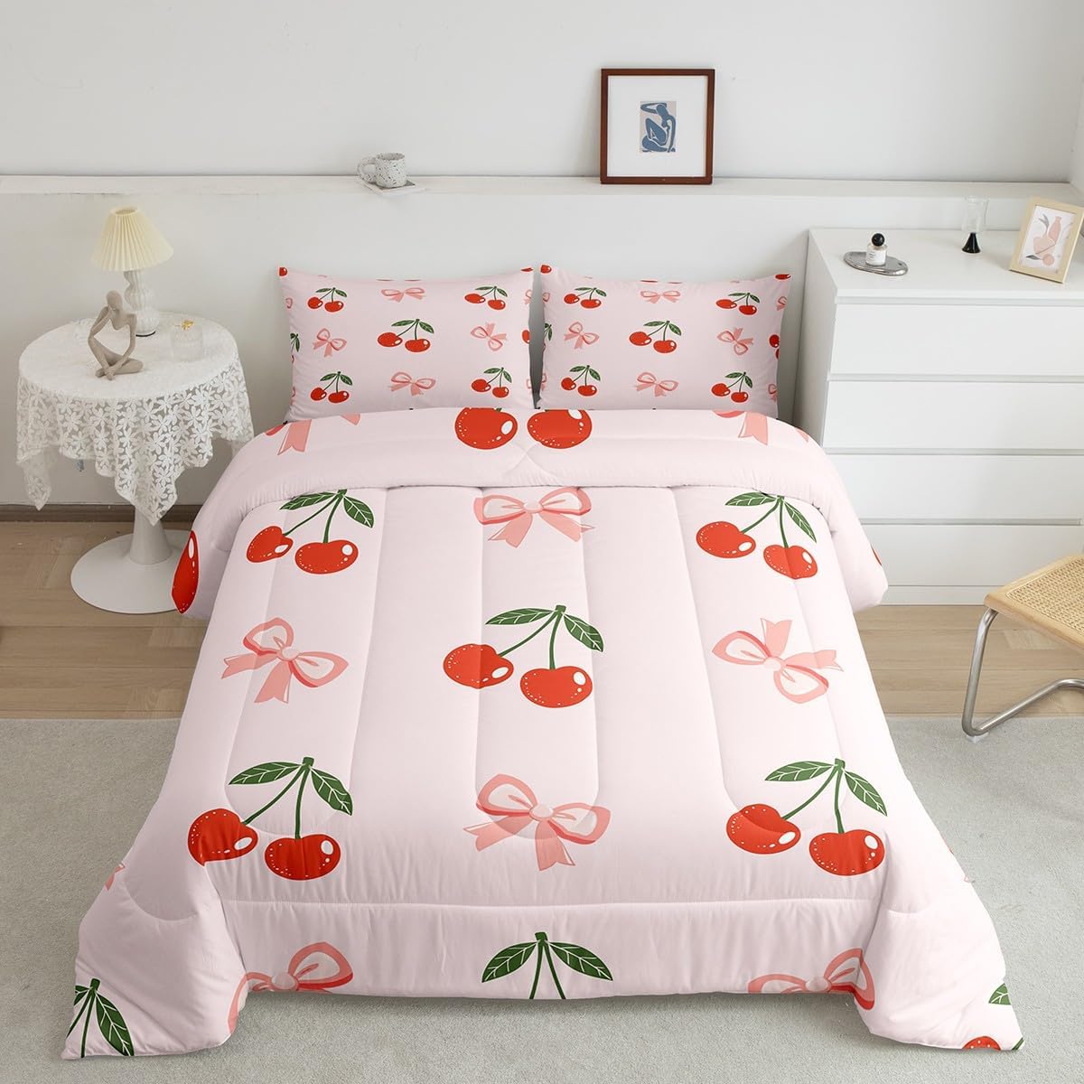 Feelyou Cherry Bedding Set for Kids Boys Girls Twin Size Pink Bow Comforter Set Ultra Soft Cherry Prints Comforter Cute Fruit Duvet Quilt Bedroom Decor Girly Quilt