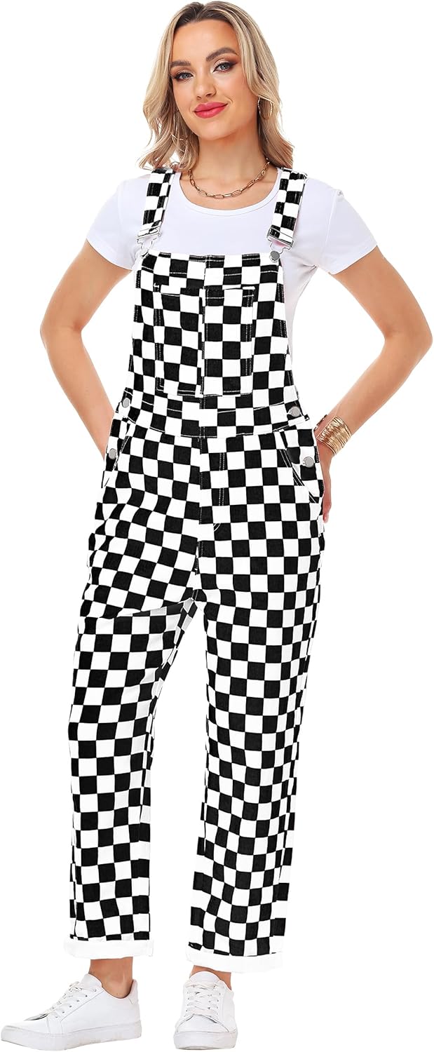 Womens Checkered Bibs Overalls Cotton Denim Coveralls Stretch Jeans Jumpsuit - Image 6