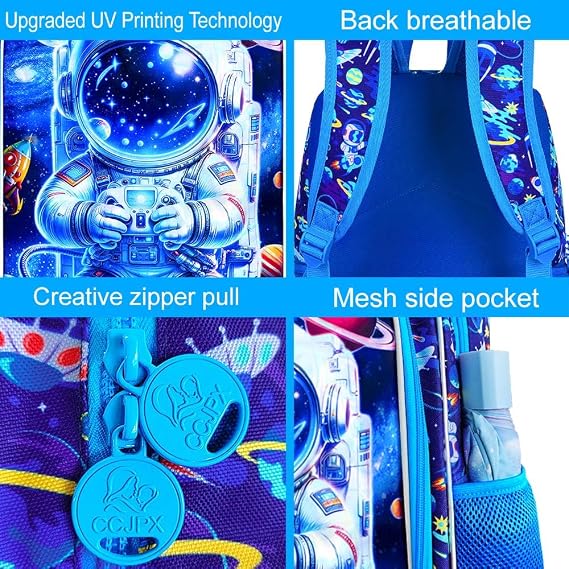 16 Space Backpack for Boy, 3Pcs Astronaut Bookbag for Elementary Preschool Kindergarten, Kids School Backpacks with Lunch Box (Blue)