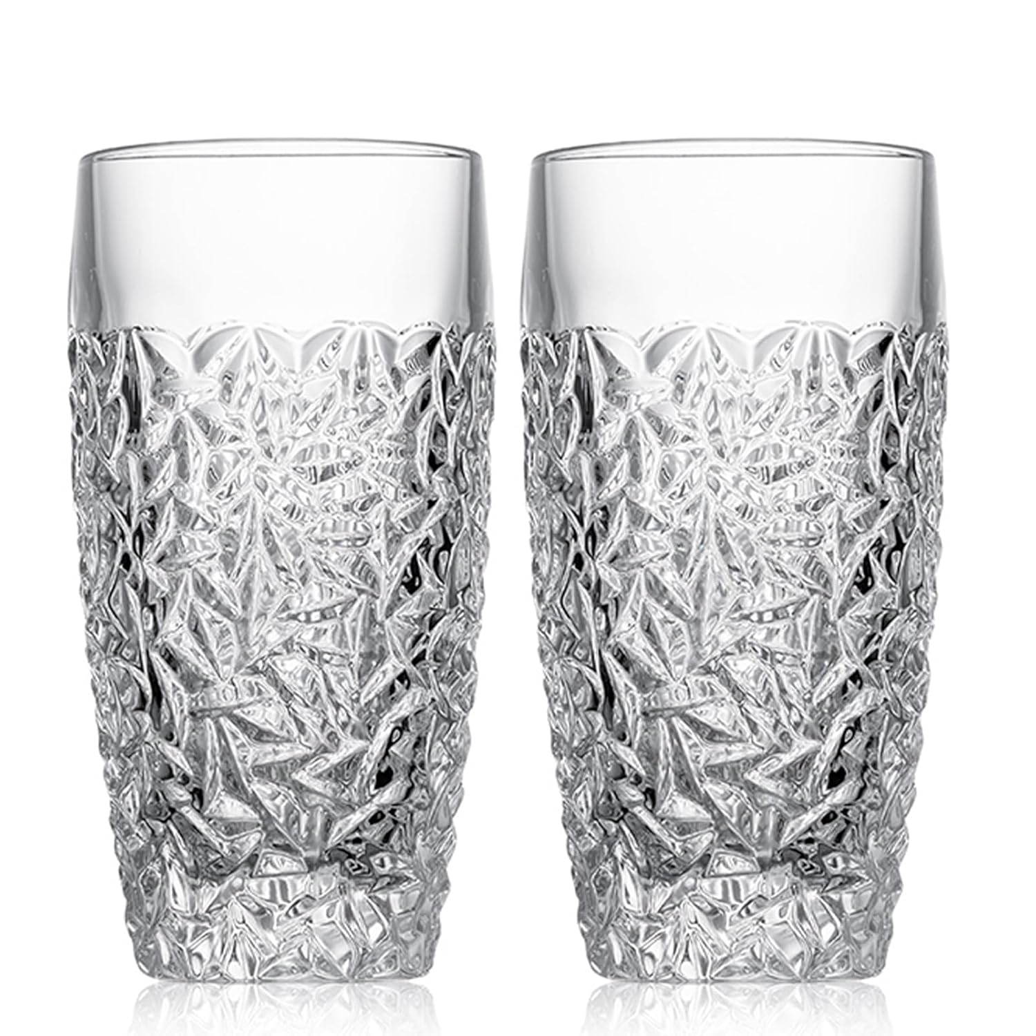 Set of 4 Luxury Highball Glasses - 14oz Cut-Glass Water Drinking Cups - Stackable Collins Glass for Tiny