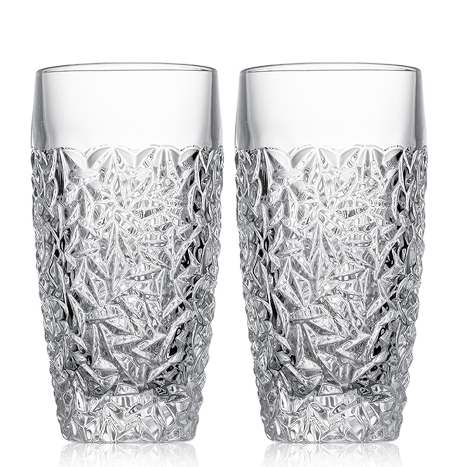 Set of 4 Luxury Highball Glasses - 14oz Cut-Glass Water Drinking Cups - Stackable Collins Glass for Tiny