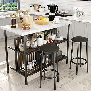 Kitchen Island - Juego de mesa de desayuno con taburetes, mesa de comedor y sillas para 2 estantes de almacenamiento, mesa de cocina pequeña, color blanco