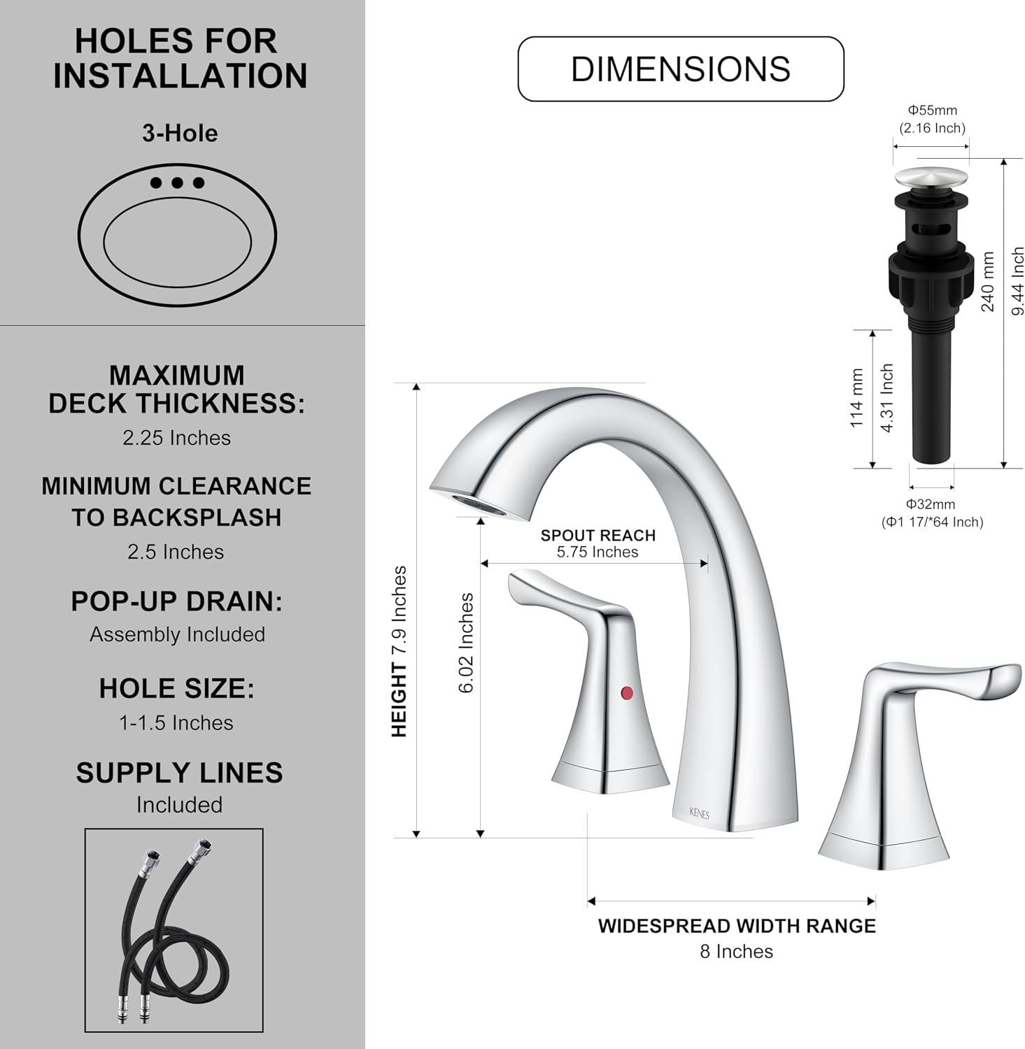 KENES Bathroom Faucets for Sink 3 Hole, Chrome 8 Inch 2 Handle Widespread Bathroom Faucet, Bathroom Vanity Faucet with Pop Up Drain & Supply Lines, LJ-9075-5