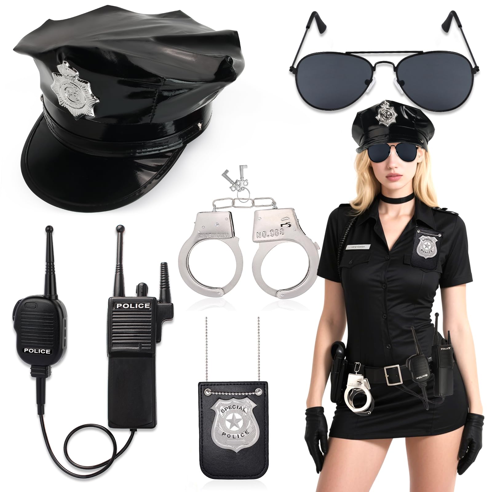 Beelittle Police Costume Accessories for Women Cop Hat Handcuffs Badge Police Officer Gear Halloween Party Dress up
