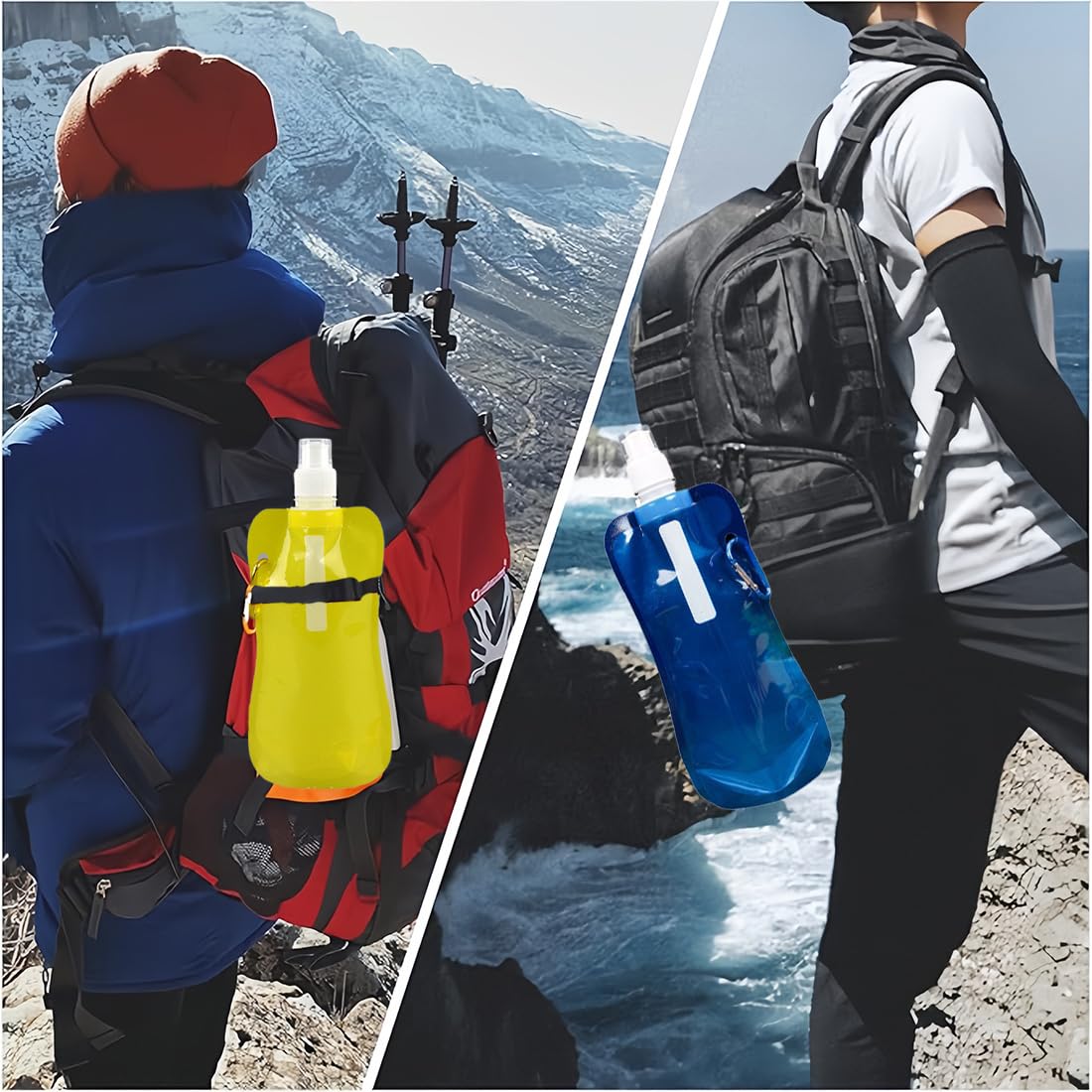flintronic Opvouwbare sportfles, 500 ml, herbruikbare BPA-vrije opvouwbare waterfles, flexibele drinkzakjes met clip voor buitensporten, reizen, fietsen, wandelen, 8 stuks