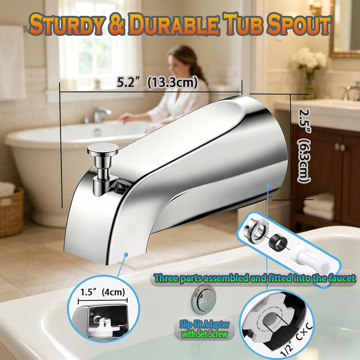 Universal Bathtub Tub Spout w/Diverter (Chrome), 1/2" Slip-Fit Copper Pipe, 1/2" 3/4" IPS Thread, Tub Faucet Replacement Kit with Adapters, PTFE Tape, Hex Wrench & Black Gloves