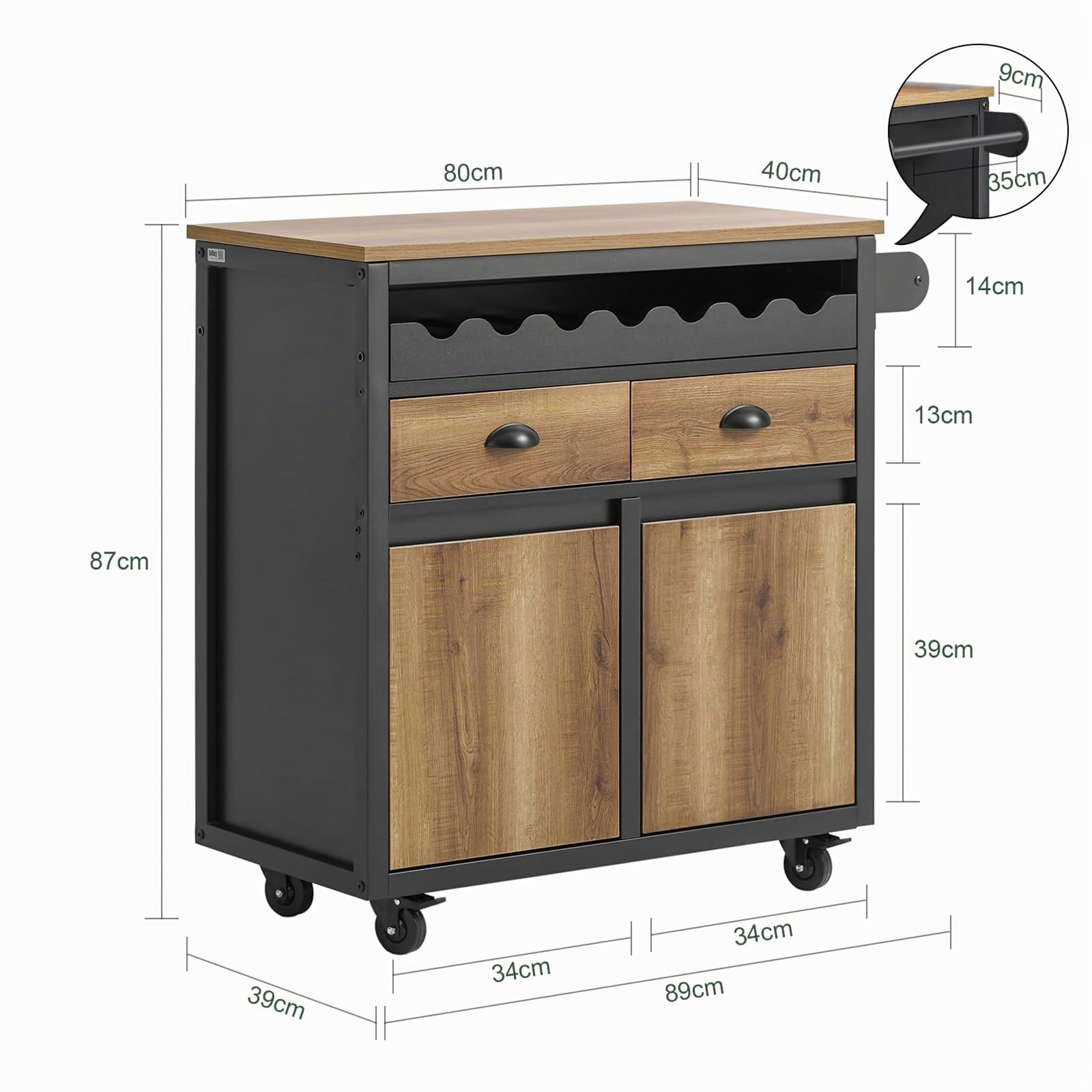 SoBuy Carrito Auxiliar de Cocina con 2 Cajones y 2 Puertas Carro Multiusos de Servicio Comedor con 4 Ruedas 1 Toallero y 1 Soporte para Botella Industrial 89 x 39 x 87 cm FKW122-SCH ES