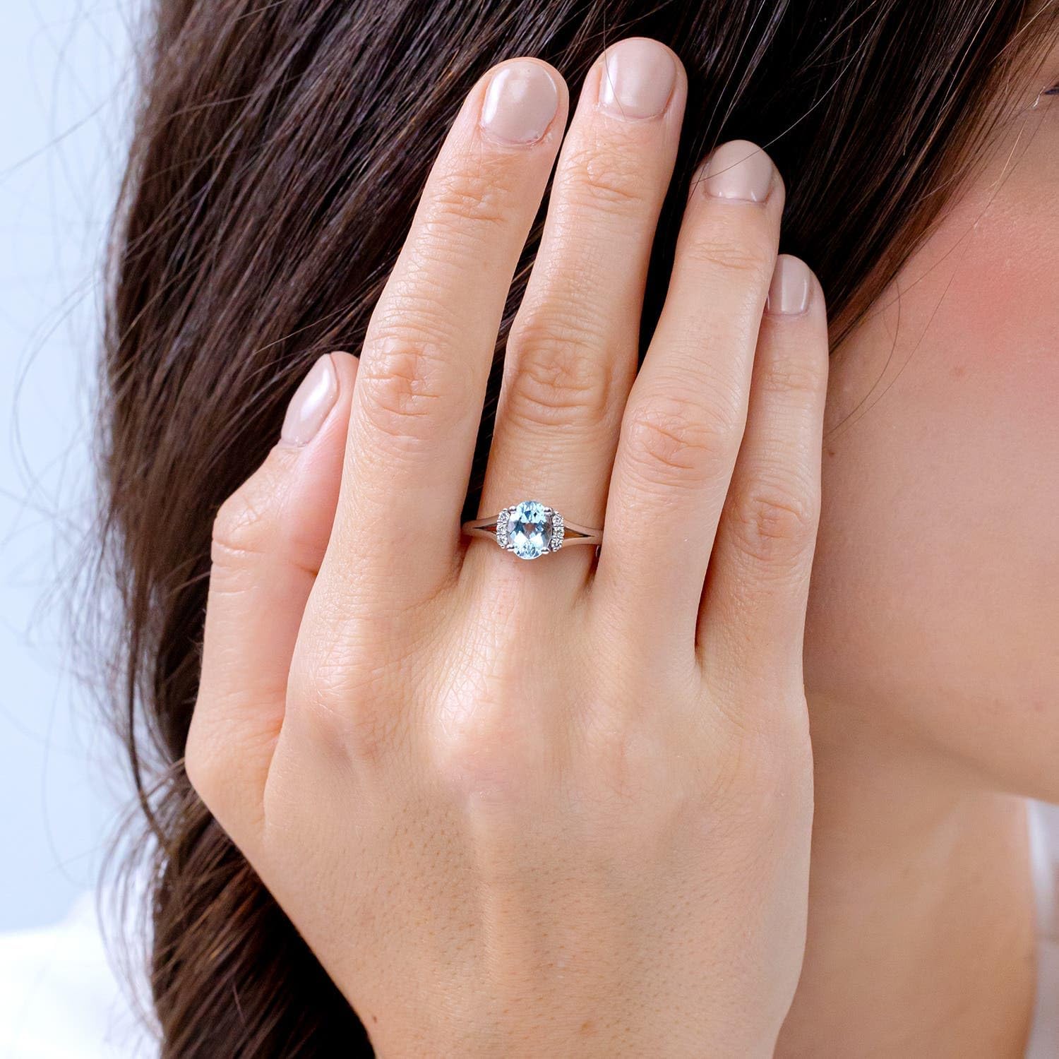 Angara Natural Aquamarine Engagement Ring for Women | Oval Aquamarine in 14K Solid Gold/Sterling Silver/Platinum | March Birthday, Gemstone Jewellery Gift - Image 3