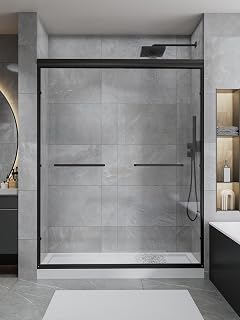QiangLave Matte Black Semi-Frameless Sliding Shower Door 56-60" x 72" 6mm Tempered Glass Bypass for Walk-In Showers