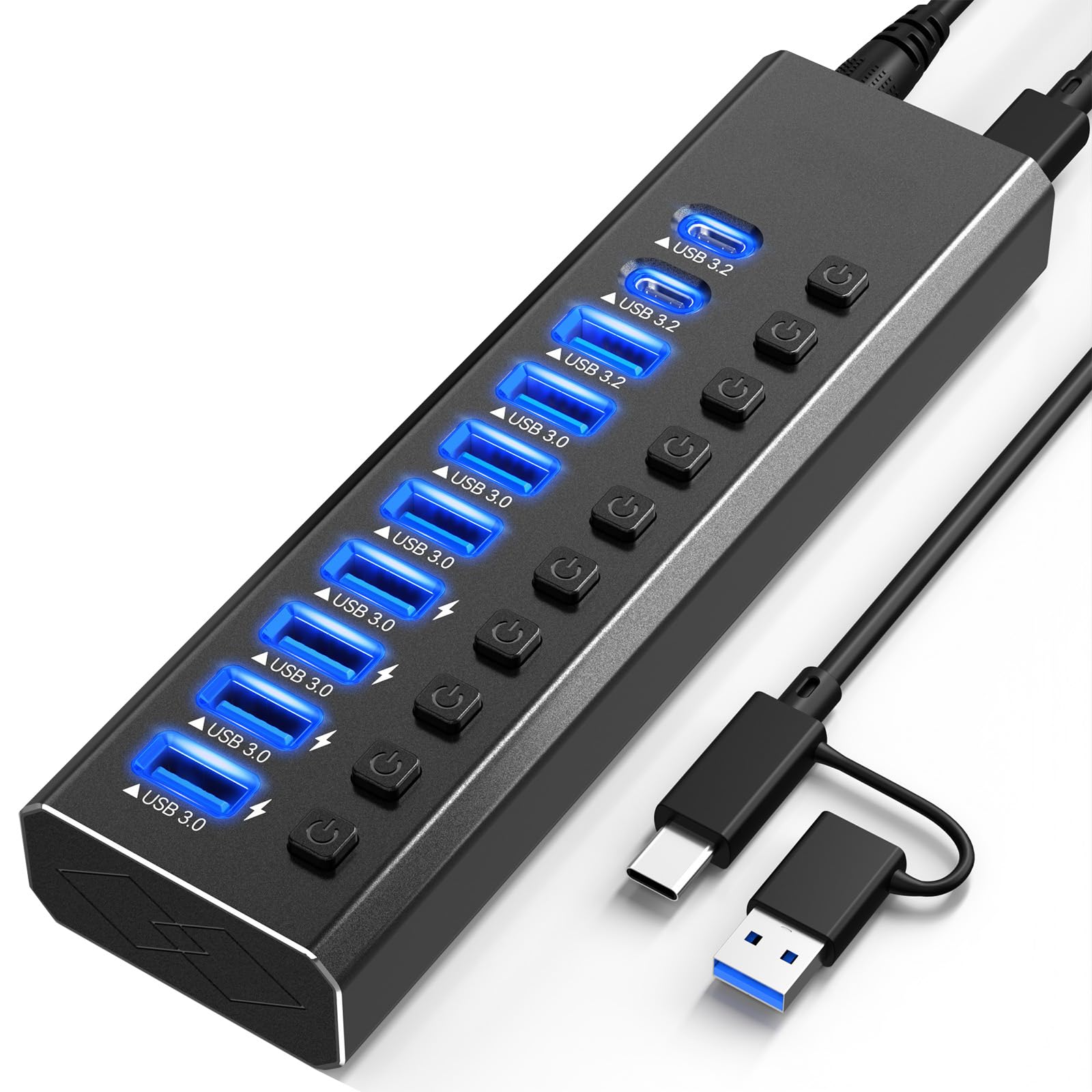 Hub USB 3.2 alimentato a 10 porte 3.2/USB-C Hub (10 Gbps A 3.2 + 2 C + 7 3.0 porte) con singoli interruttori on/off e adattatore di alimentazione da 12 V, in alluminio con messa a terra