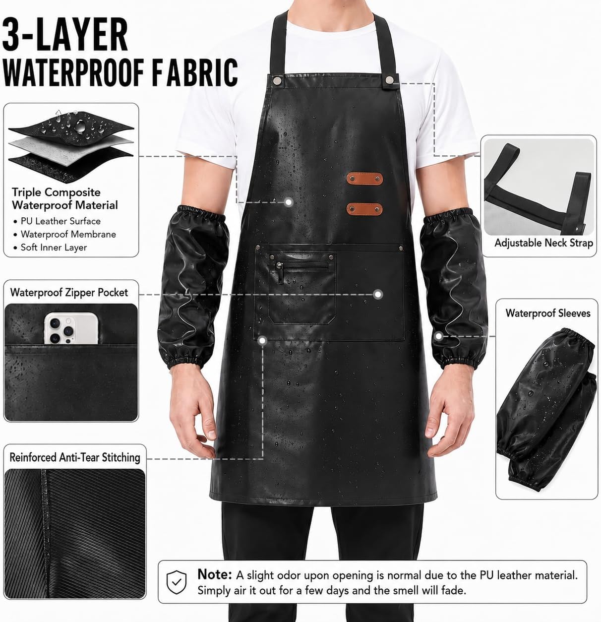 Waterproof PU Leather Apron with Sleeves, Heavy Duty Work Apron | PU Leather, Chemical Resistant. Adjustable H-Strap, Zip Pocket. Men Women One Size. Kitchen Dishwashing Butcher Dog Grooming
