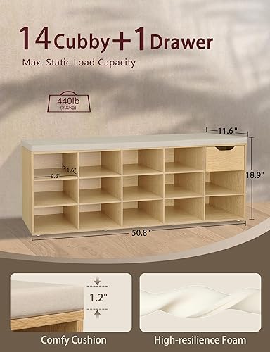 Miniatura 3 de DINZI LVJ Banco de zapatos, banco de almacenamiento de entrada con cajón y 14 cubículos, zapatero largo con estantes ajustables, organizador de