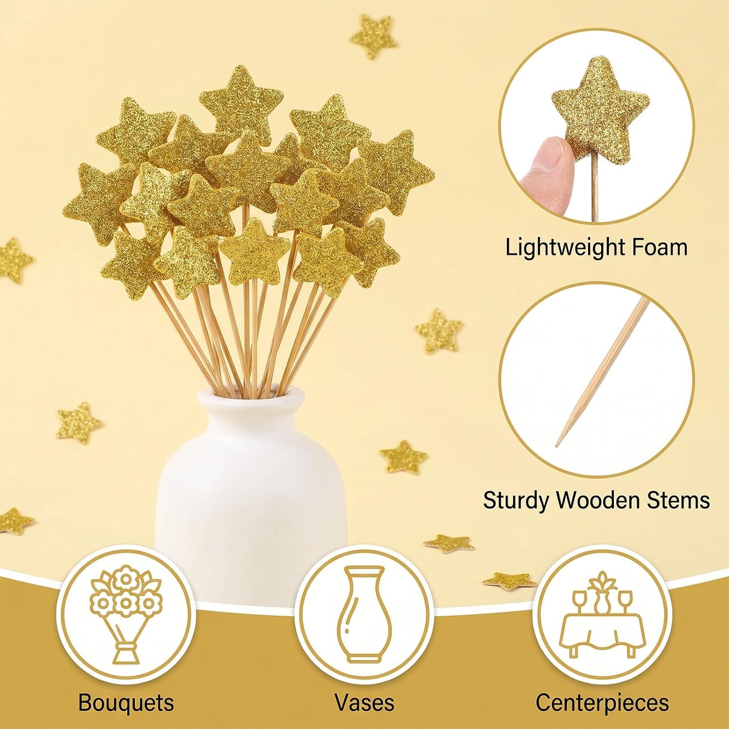 Gyctgav 80 Pcs Golden Star Floral Pick, 8 Inch Glitter Craft Stick Gold Foam Star with Wood Stem for Table Centerpieces Wedding Birthday Baby Shower Party Decorations