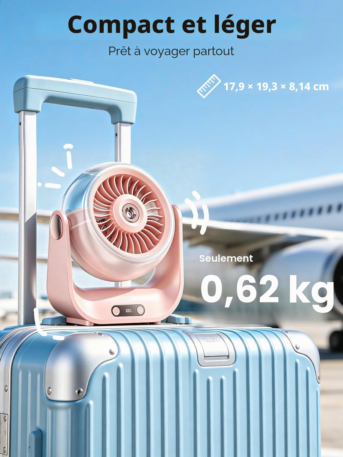 Ventilateur Brumisateur Bureau - 5000mAh Mini Ventilateurs Silencieux de Table avec 5 Vitesses, Ecran LED & Réglable à 90°, Petit Table Fan USB Rechargeable pour Chambre Bureau Extérieur (Rose)