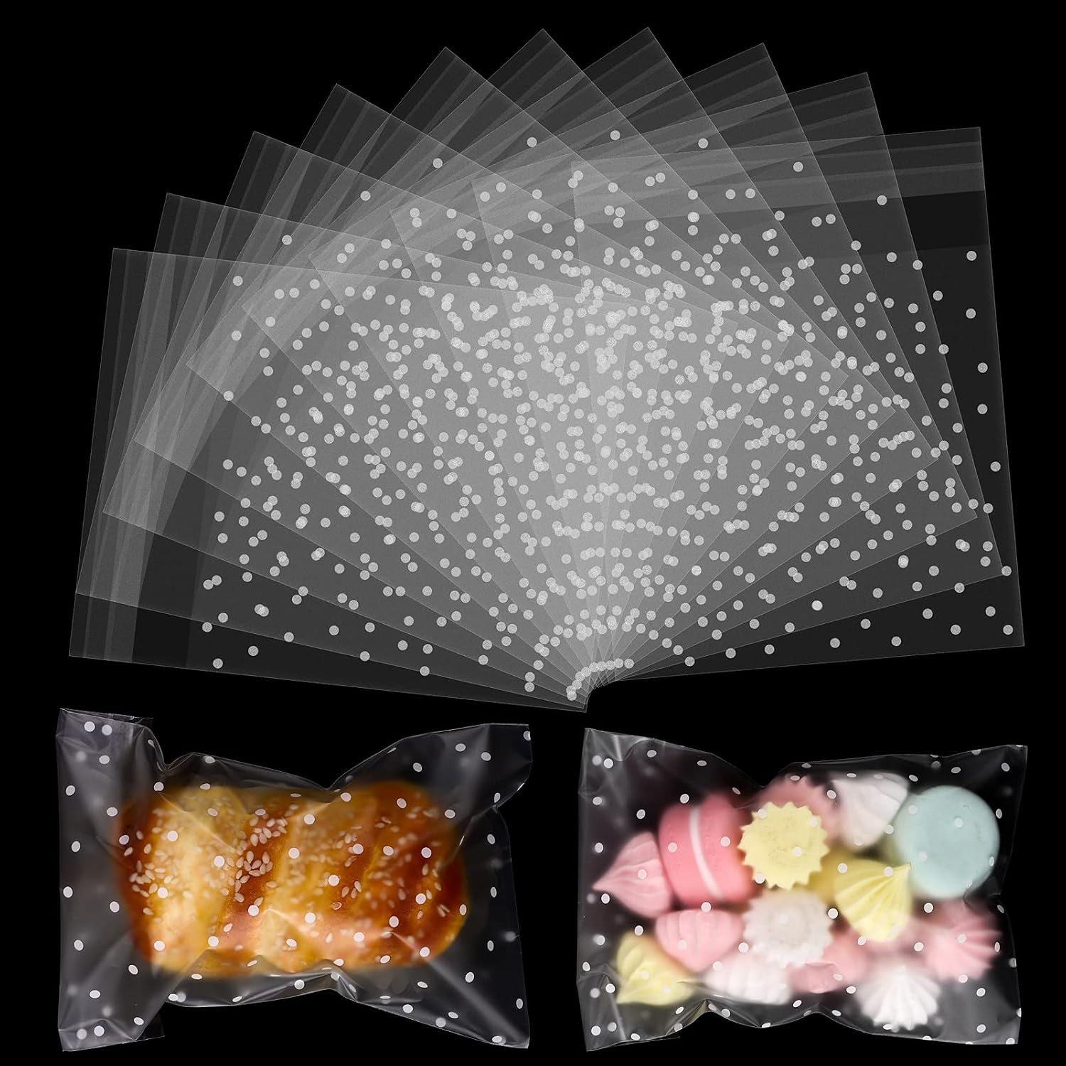 Aodaer 200 Pieces Self-Adhesive Dot OPP Bags Polka Dot Cookie Bags Clear OPP Cellophane Bags for Food Biscuit Candy, 10 x 15 cm