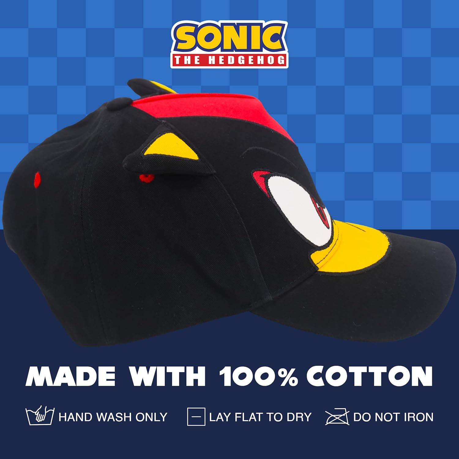 Shadow The Hedgehog Baseball Cap, Adult Sonic Adjustable Snapback Hat with 3D Ears and Curved Brim, Black, One Size