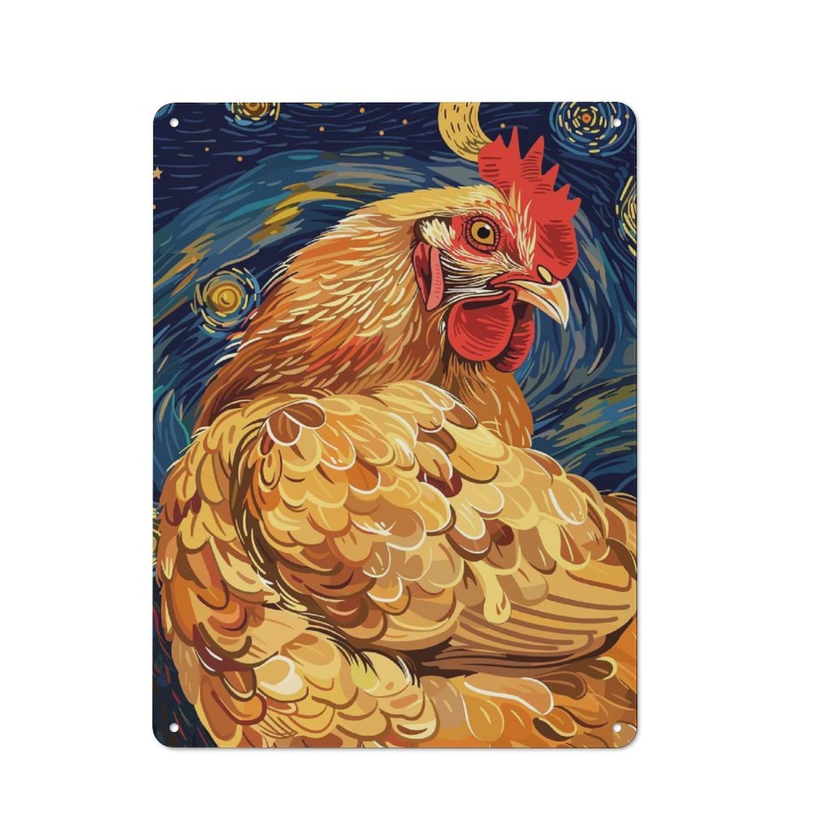 Junmoney Chicken In Starry Night Style Rustic Tin Sign 40X30cm Featuring For Bar Or Restaurant, A Housewarming Gift For Bar Decor Enthusiasts