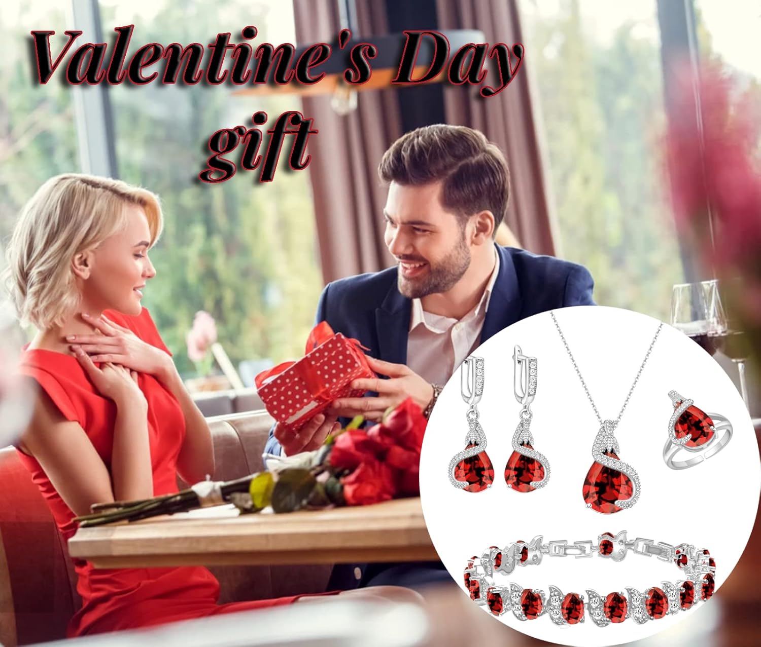 GZWHD Jewelry Set for Women Water Drop Cubic Zirconia Artificial Crystal Earrings Pendant Necklace Open Ring Tennis Bracelet Wedding Anniversary Birthday Engagement Gift for Bridesmaid Wife Girlfriend Friend - Image 3