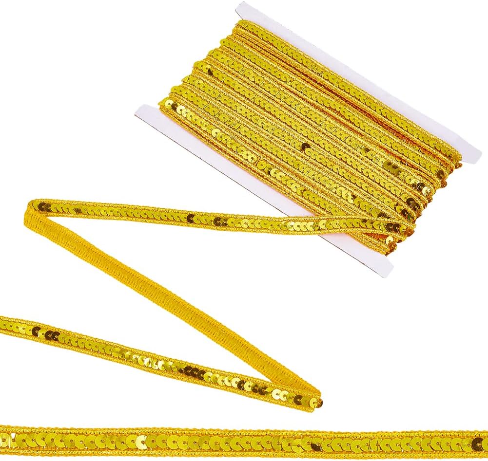 10M 12mm Gold Sequin Braid Ribbon Round Flat Beaded Spangles Strips Strings Metallic Shiny Paillettes Fabric Trim for Sewing Making Costume Headband Fringe Decor Diy Craft Supply