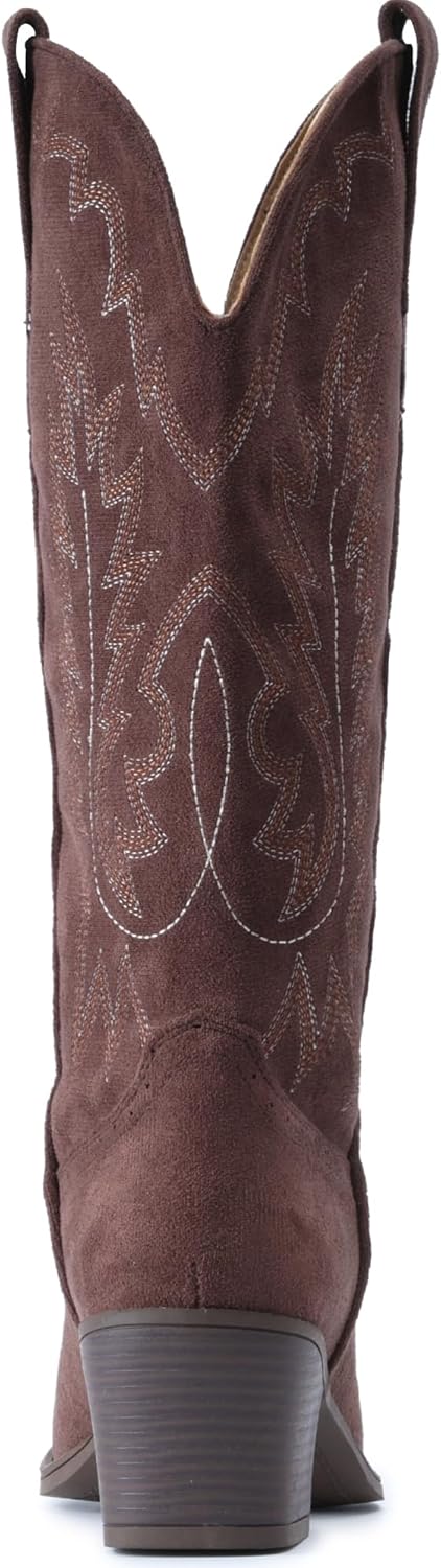 IUV Suede Cowboy Boots For Women Chunky Heel Pointed Toe Cowgirl Boots Mid Calf Western Embroidery fall Boot - Image 5