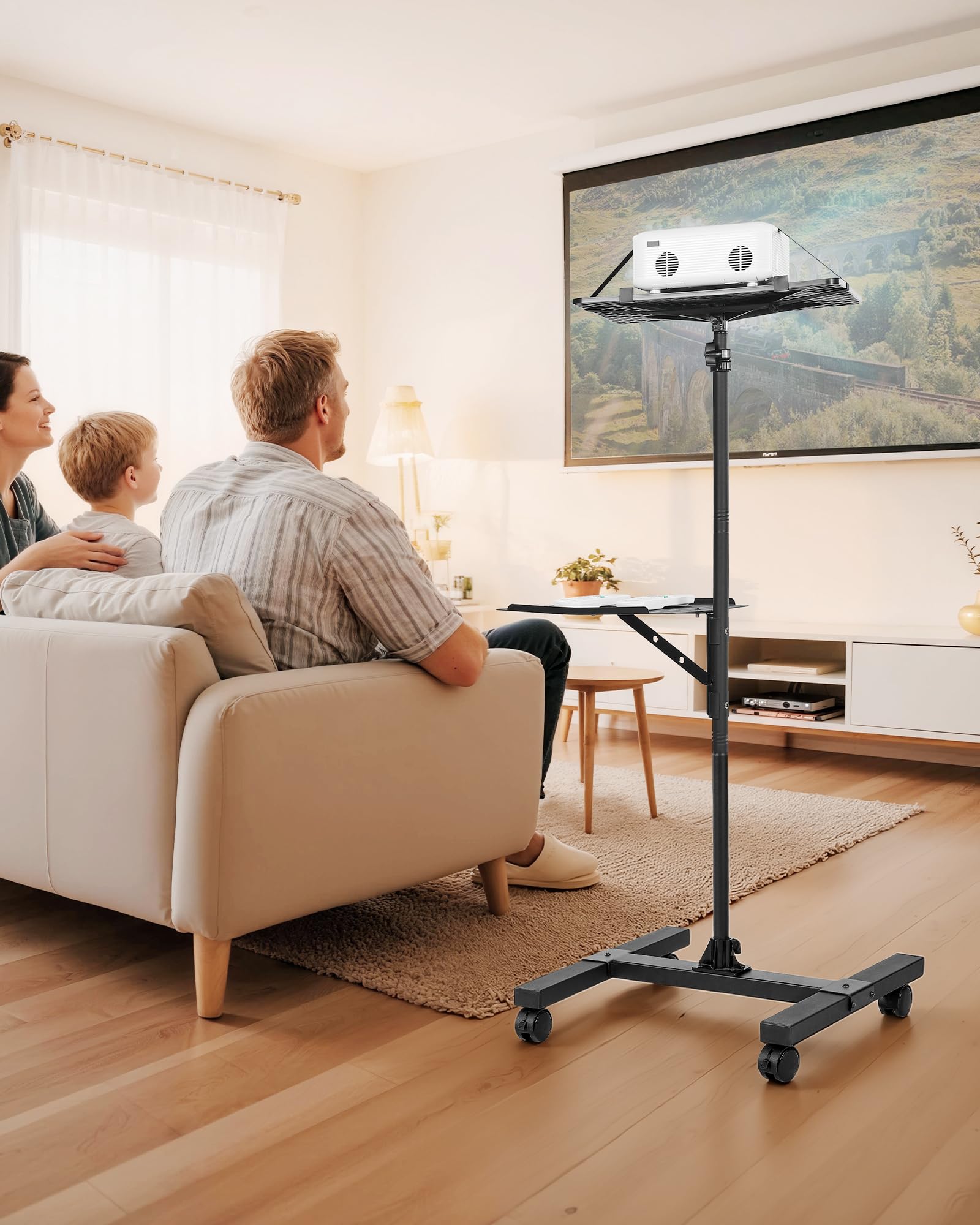 VEVOR Support de projecteur avec roulettes, hauteur réglable 86-136 cm, 2 plateaux, pour cinéma plein air