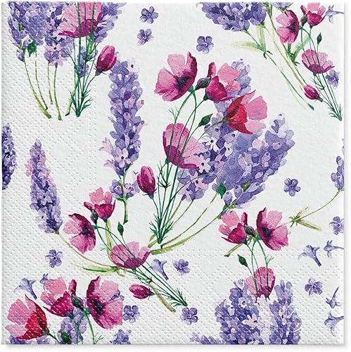 Miniatura 8 de Servilletas de papel de flores moradas con libélula para cena, tamaño decorativo de almuerzo de decoupage de 13 x 13 pulgadas (desplegadas)