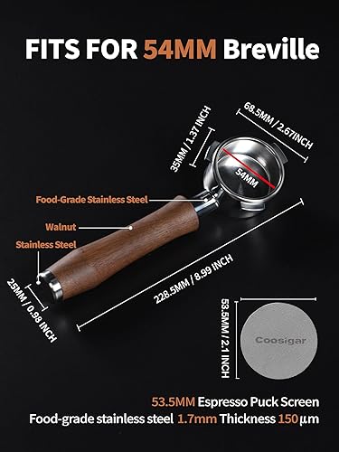 Miniatura 3 de Portafiltro sin fondo de 2.126 in con pantalla de disco  Se adapta a máquinas Breville de 2.126 in  Portafiltro de acero inoxidable y mango de