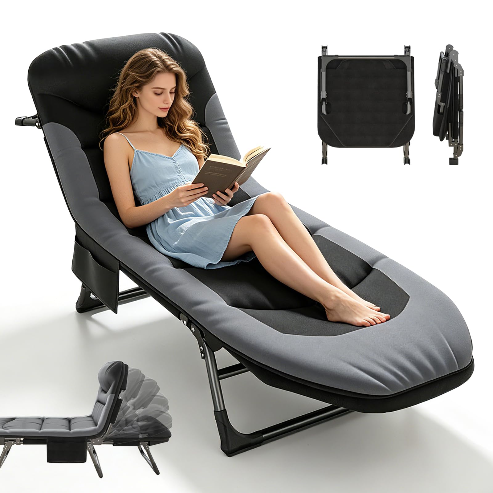 Foldable Sun Lounger, Garden Sun Loungers, 6-way Adjustable Camping Bed, Folding Sunbed with Pillow and Mattress, Fishing Bed Chair Perfect for Camping, Indoor/Outdoor (190 x 65 x 30 cm) (1, Black-1)