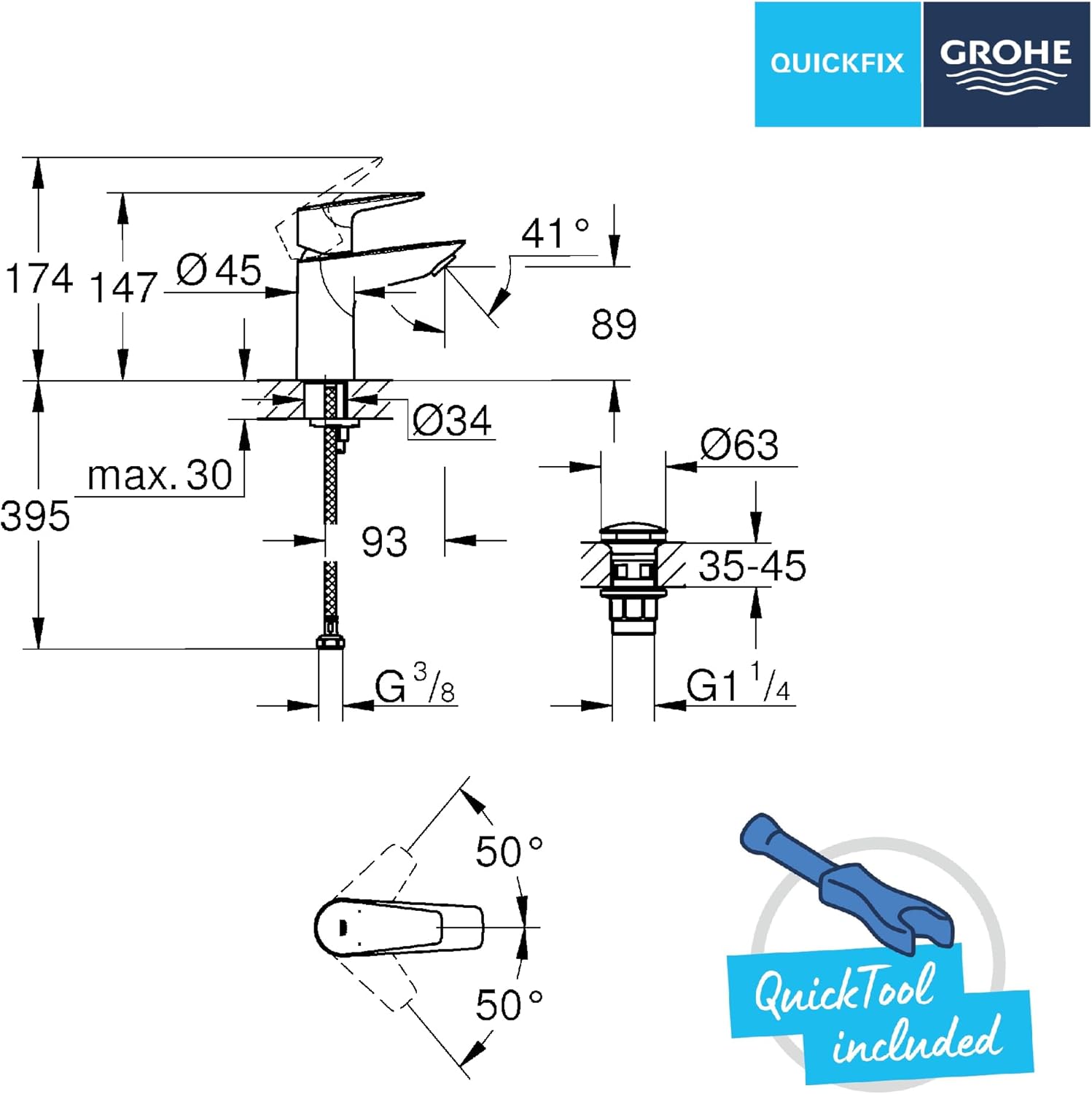 GROHE QUICKFIX StartEdge Robinet de Salle de Bains lavabo, mousseur économie D'eau, sans tirette, bonde clic clac incluse, Installation et nettoyage facile, Taille S, chromé, 24199001