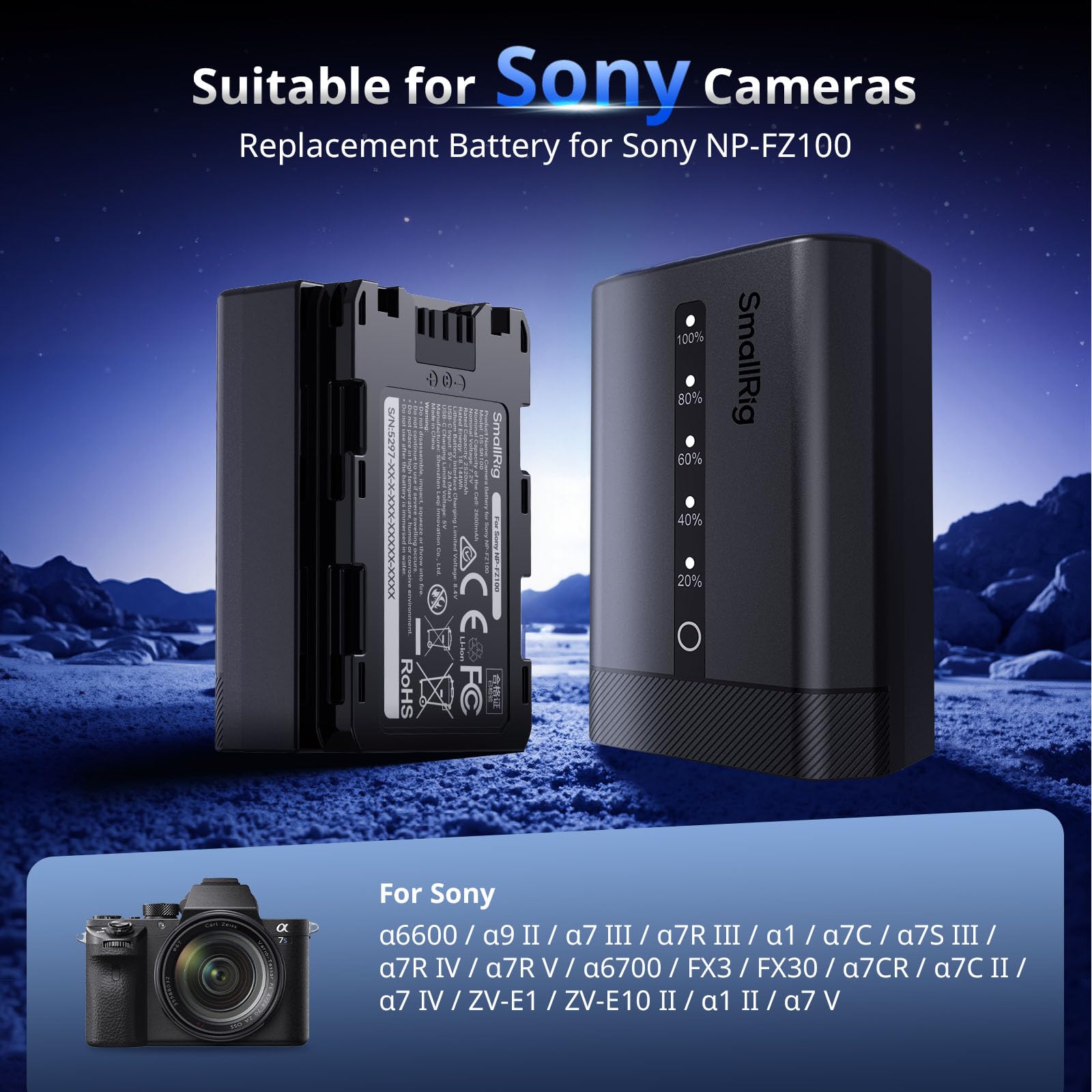 SMALLRIG NP-FZ100 Kameraakku für Sony, 2520mAh USB-C Akku mit LED-Anzeige, 2,5 Stunden Schnellladung, voll dekodiert für Sony Alpha A7V A7III A7IV A6700 A6600 FX3 FX30 A9 A7CII A7RIII ZV-E1 E10II-5297