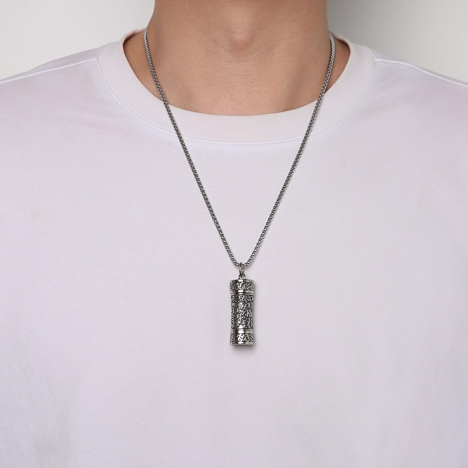 HZMAN Tibetan Buddhism Meditation Stainless Steel Pendant Commemorative Cremation Ashes Pill Cylinder Container Necklace 22+2 Inch Chain - Image 4