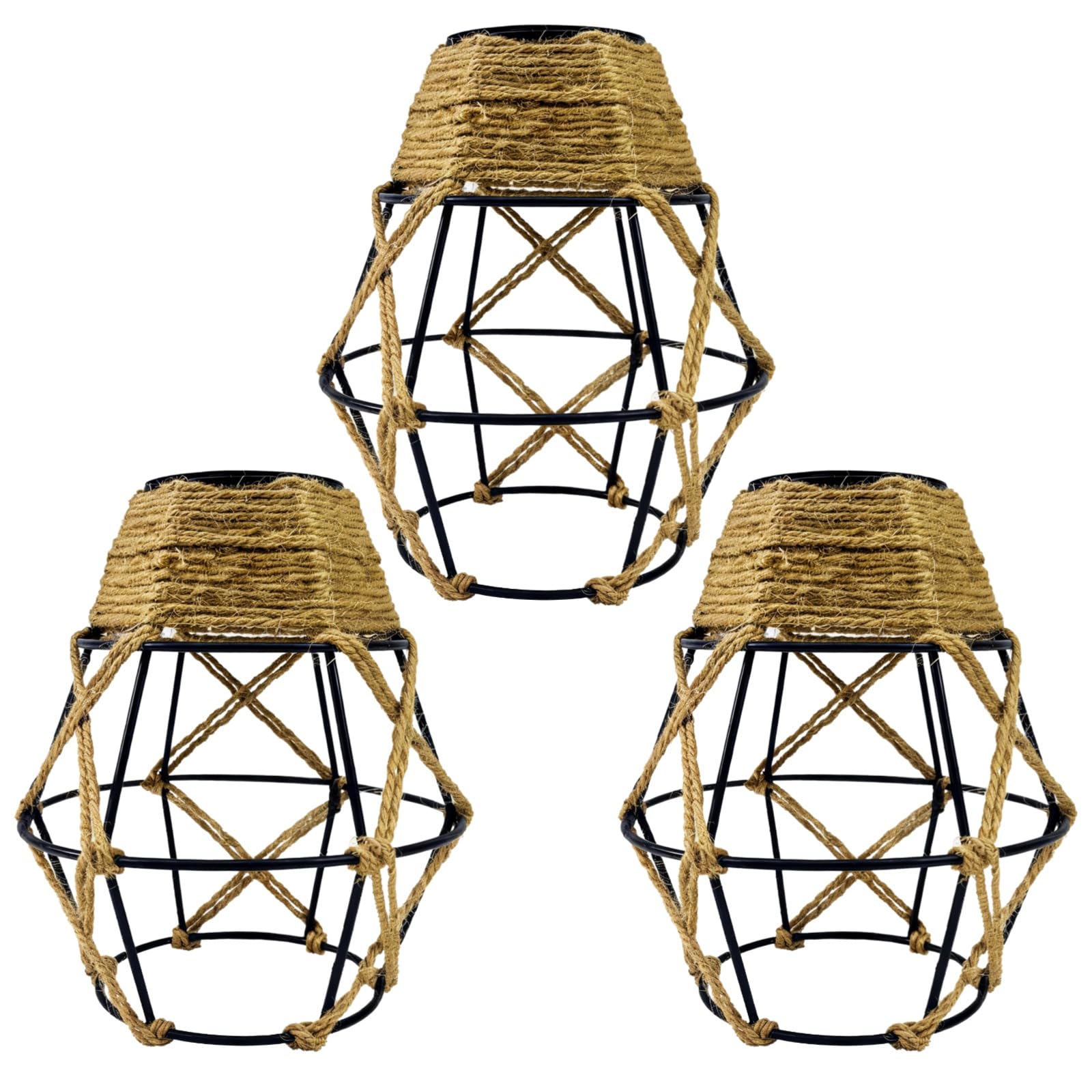 Wiszące abażury świetlne, tkana lina klosz lampy z żelazną ramą, ręcznie robiona artystyczna lampa wisząca osłona liny, diamentowy design, wymienne klosze do salonu, sypialni, jadalni, hotelu, 3 szt